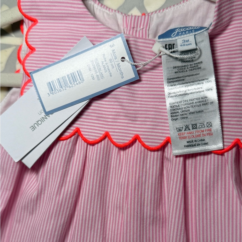 Jacadi Dress Scalloped Striped Baby Girl Pink New with tags 3 Months $89 retail